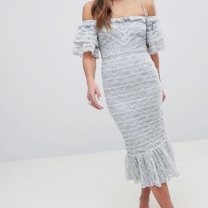 NWT ASOS Lace Pencil Midi Dress with Ruffle Detail